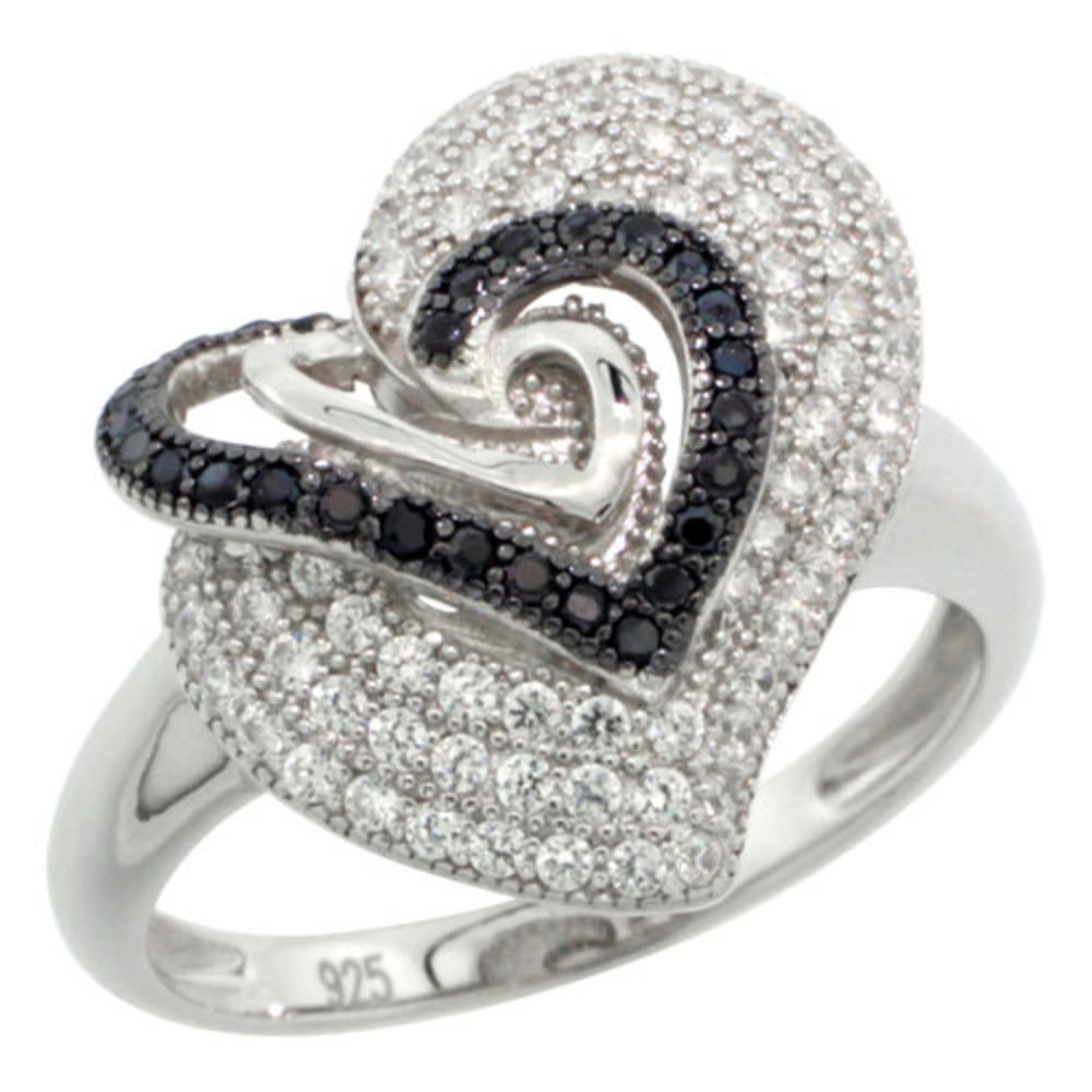 Sabrina Silver Sterling Silver Micro Pave Cubic Zirconia Three In One Heart Ring Black & White Stones, Sizes 6 to 9