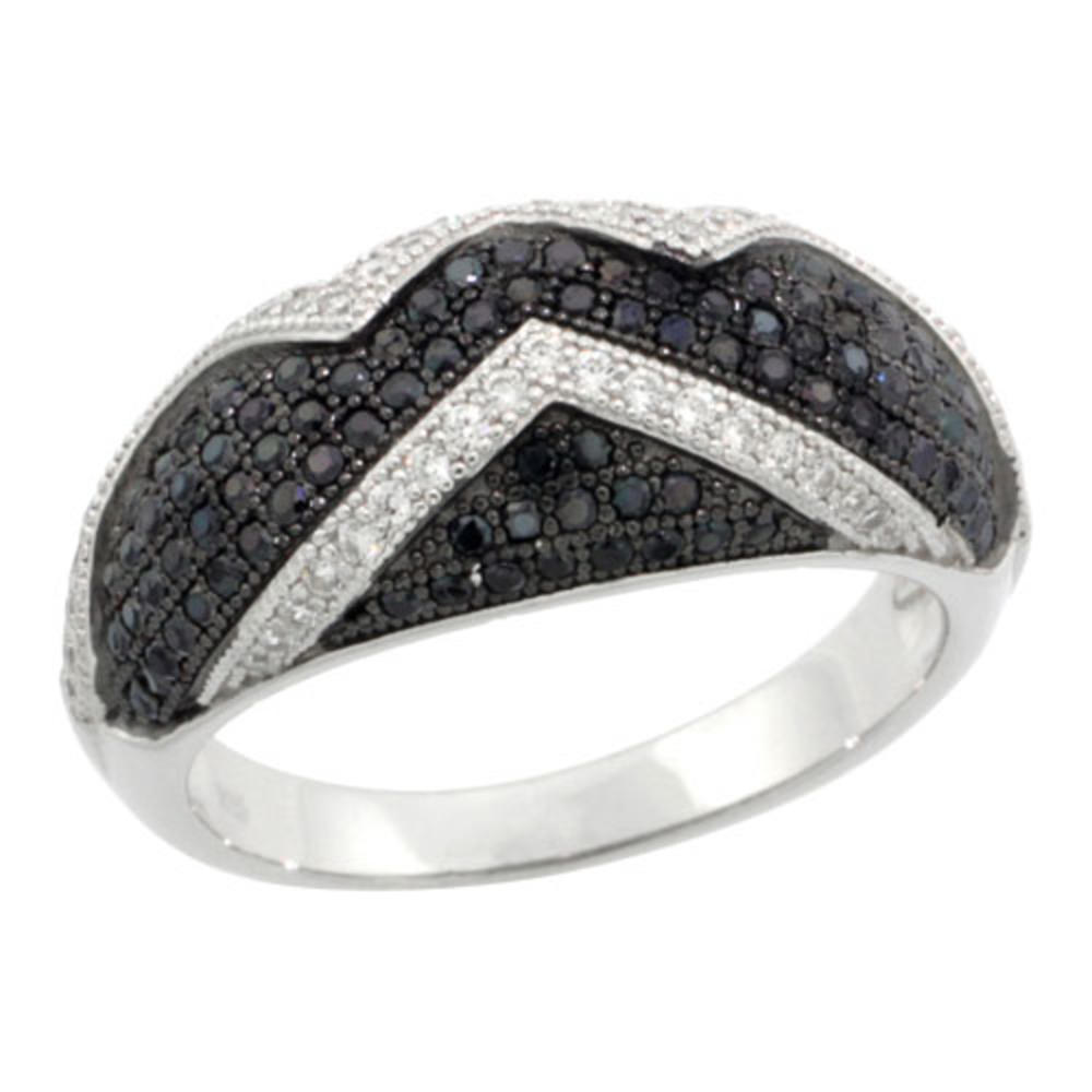 Sabrina Silver Sterling Silver Cubic Zirconia Micro Pave Swirl Band Black & White Stones, Sizes 6 to 9