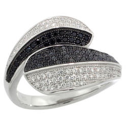 Sabrina Silver Sterling Silver Cubic Zirconia Micro Pave Wave Shape Band Black & White Stones, Sizes 6 to 9
