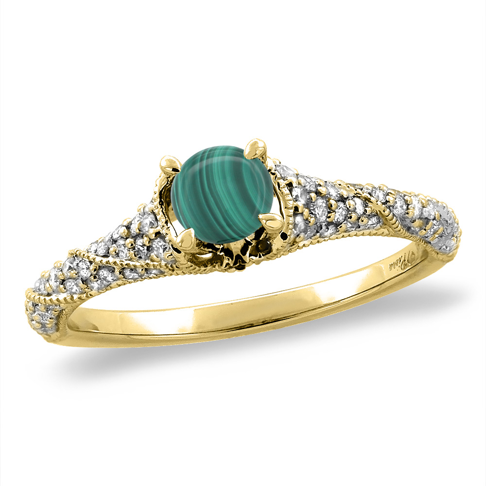 Sabrina Silver 14K Yellow Gold Diamond Natural Malachite Engagement Ring Round 4 mm, sizes 5 -10
