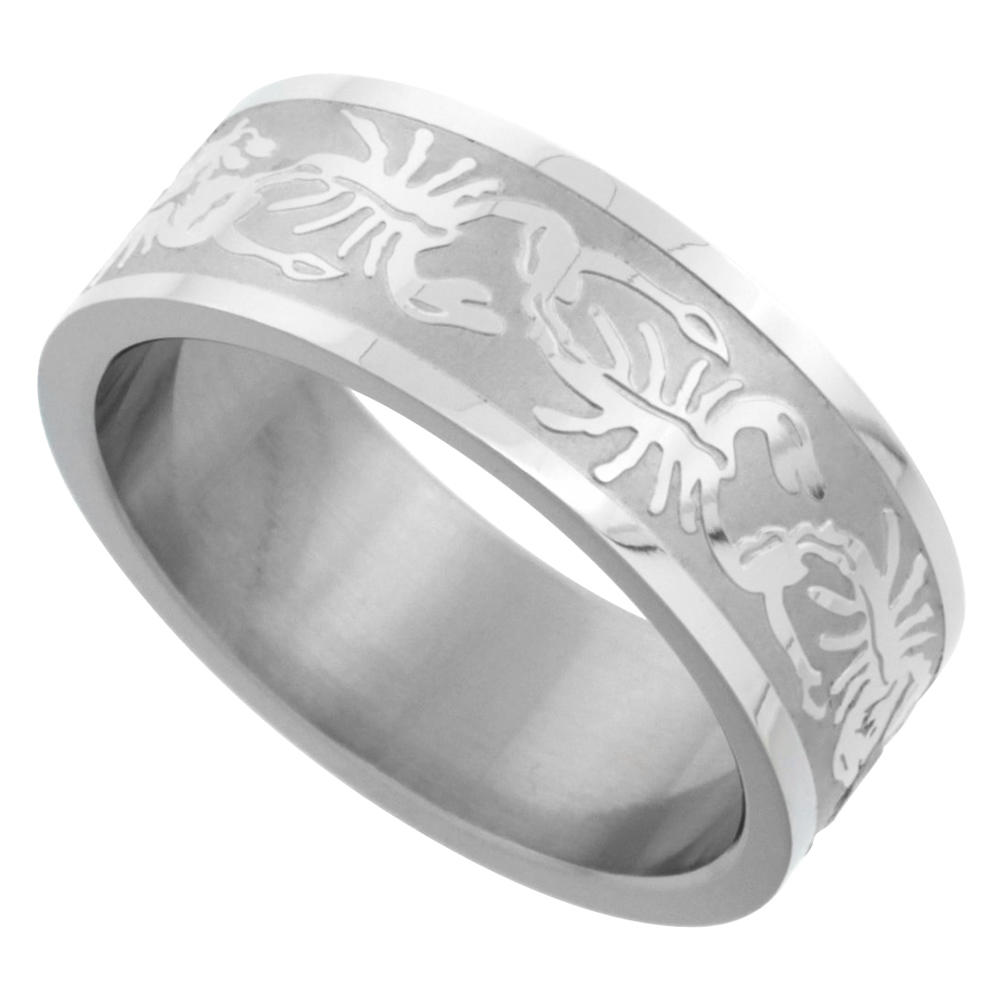 Sabrina Silver Surgical Stainless Steel 8mm Scorpion Wedding Band Ring Erched Pattern Matte finish, sizes 8 - 14