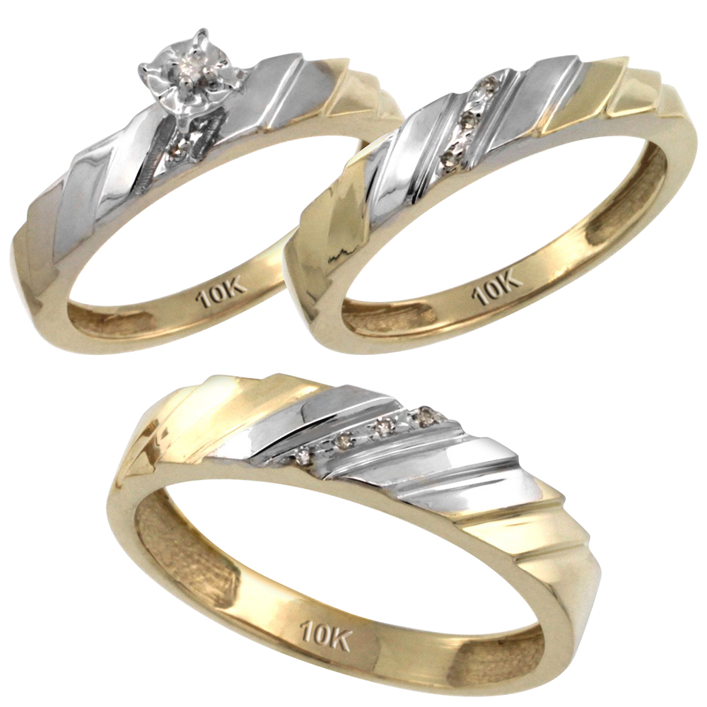 Sabrina Silver 14k Gold 3-Pc. Trio His (5mm) & Hers (4mm) Diamond Wedding Ring Band Set, w/ 0.075 Carat Brilliant Cut Diamonds (Ladies" Sizes 5