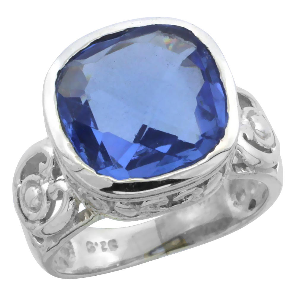 Sabrina Silver Sterling Silver Bali Inspired Square Filigree Ring w/ 11mm Cushion Cut Natural Blue Topaz Stone, 9/16 in. (14 mm) wide
