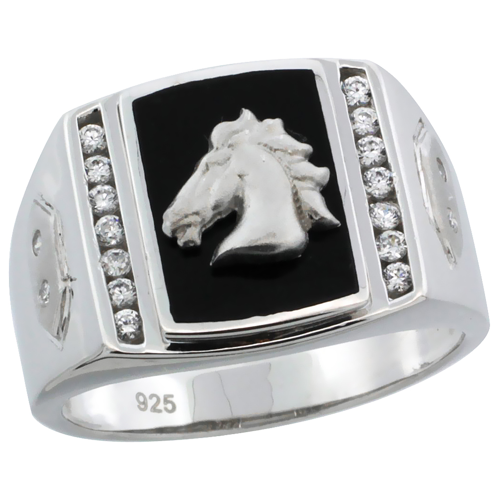 Sabrina Silver Mens Sterling Silver Black Onyx Horse Ring CZ Stones & Hexagon Accents, 19/32 inch wide