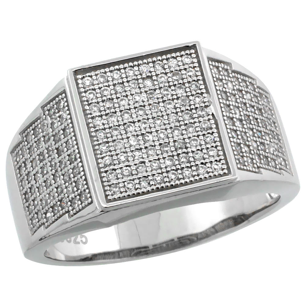 Sabrina Silver Mens Sterling Silver Cubic Zirconia Square Ring 170 Micro Pave 1/2 inch wide