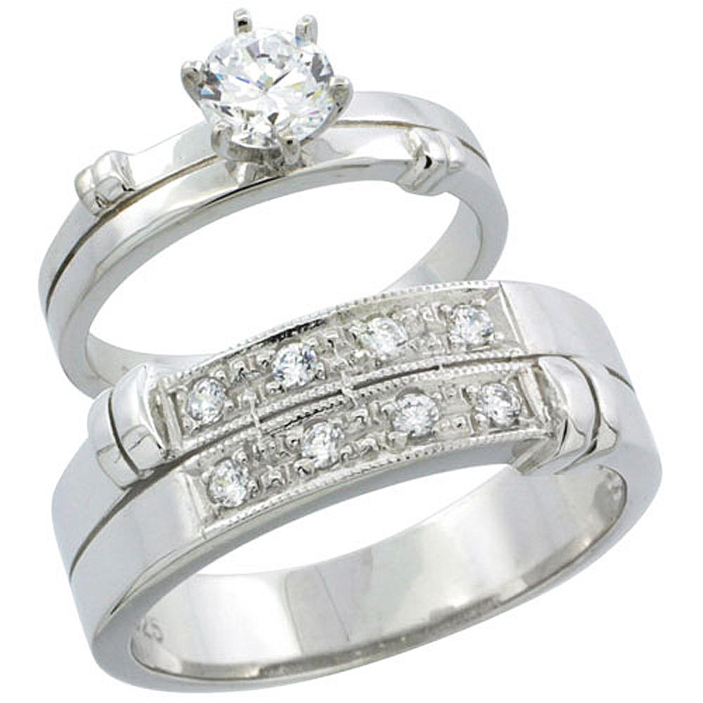 Sabrina Silver Sterling Silver Cubic Zirconia Engagement Rings Set for Him & Her 7mm Man"s Wedding Band )