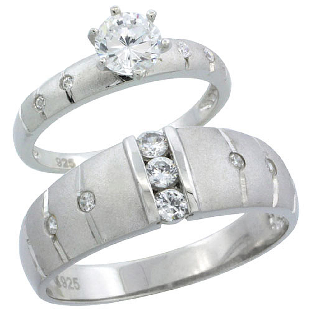 Sabrina Silver Sterling Silver Cubic Zirconia Engagement Rings Set for Him & Her 1/2 ct size Man"s Wedding Band )