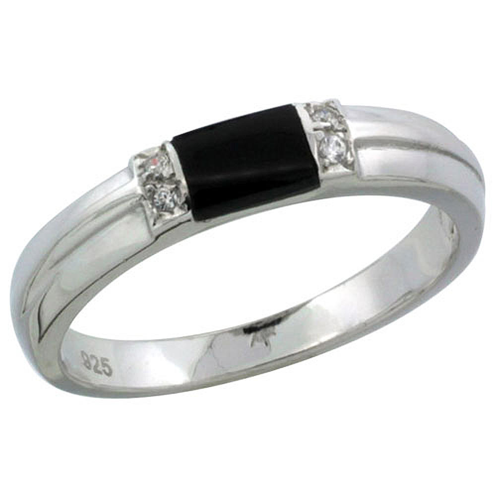 Sabrina Silver Sterling Silver Cubic Zirconia Ladies" Wedding Band Ring Black Onyx, 1/8 inch wide