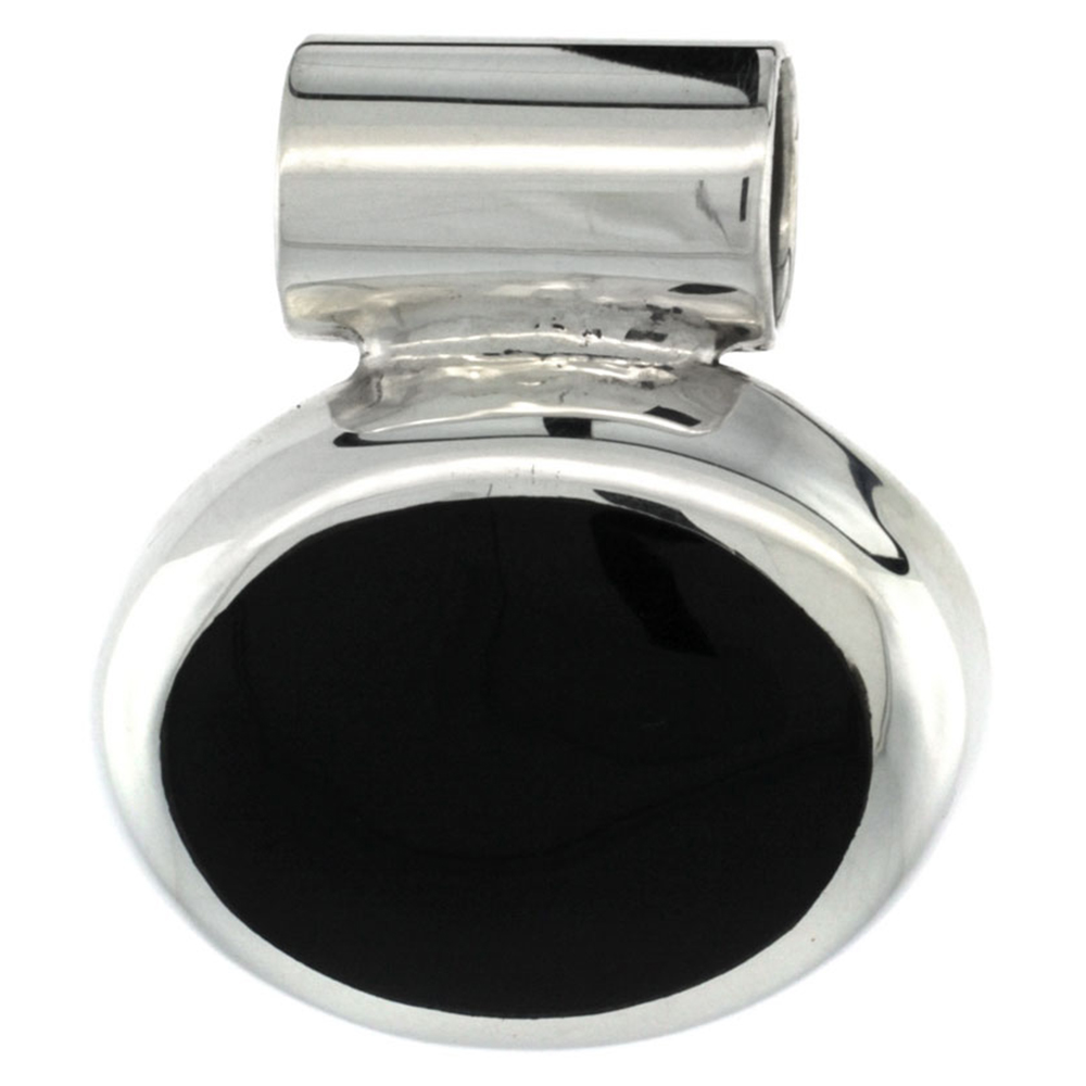 Sabrina Silver Sterling Silver Black Obsidian Stone Slide Pendant Oval Shape, 1 inch wide,