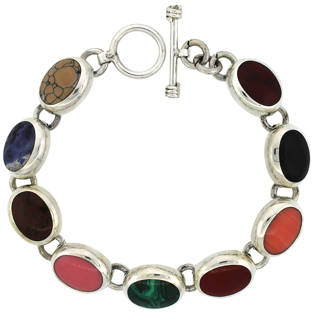 Sabrina Silver Sterling Silver Multi Color Stone Oval Link Bracelet Toggle Clasp, 1/2 inch wide, 7.5 inch