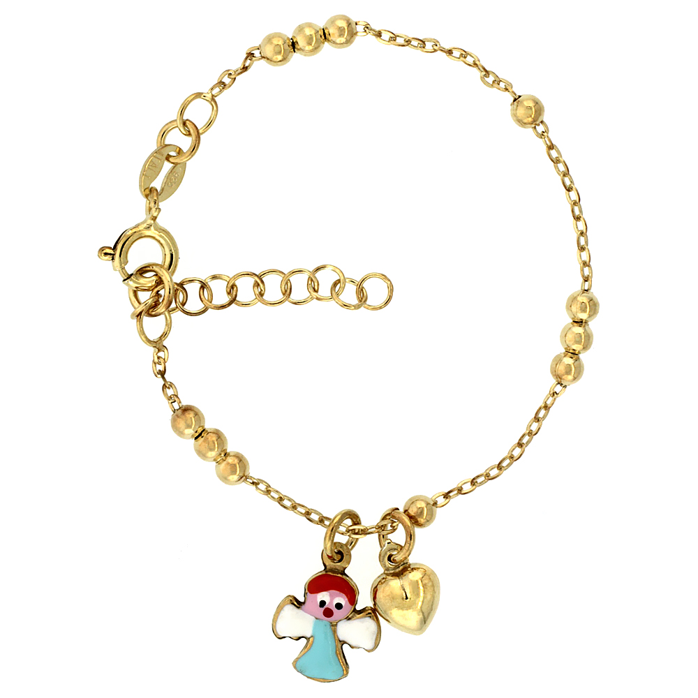 Sabrina Silver Sterling Silver Beaded Cable Link Baby Bracelet in Yellow Gold Finish w/ Heart & Angel Charms (5-6 inch)