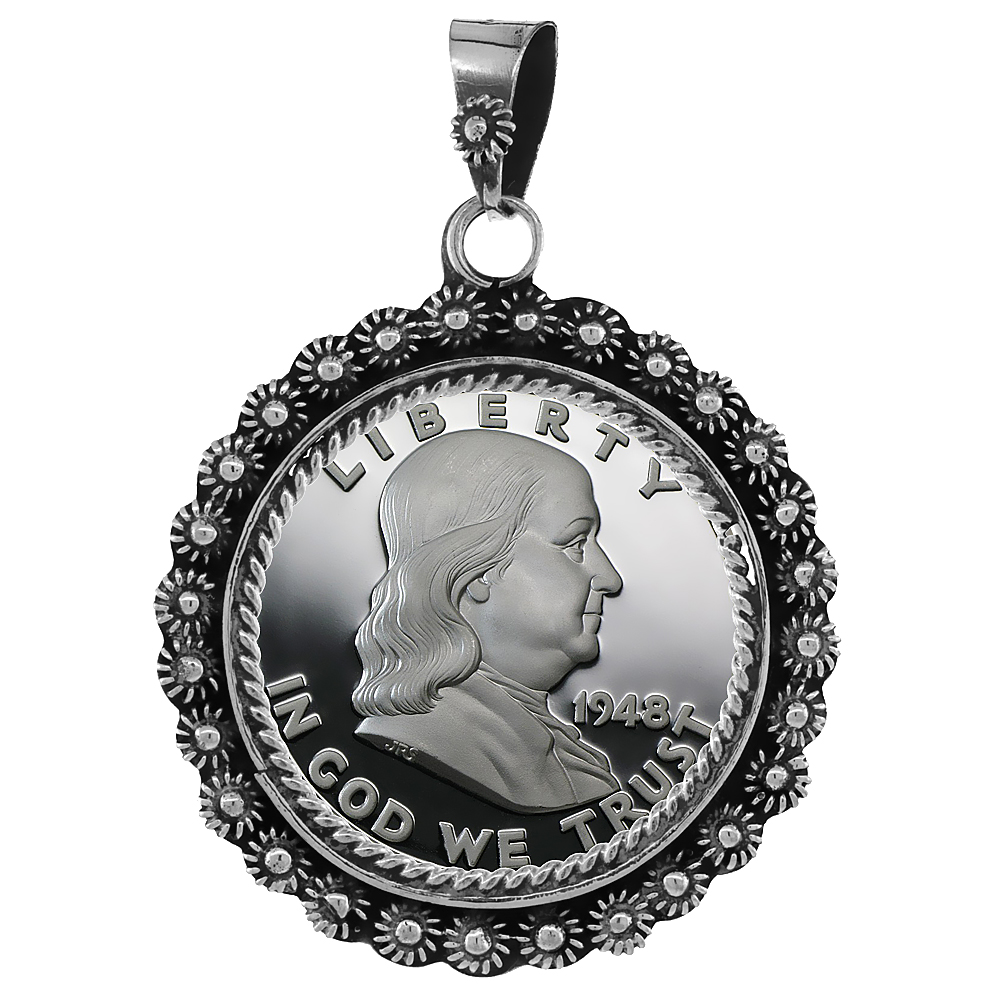Sabrina Silver Sterling Silver 30 mm Half Dollar (50 Cents) Coin Frame Bezel Pendant w/ Floral Edge Design