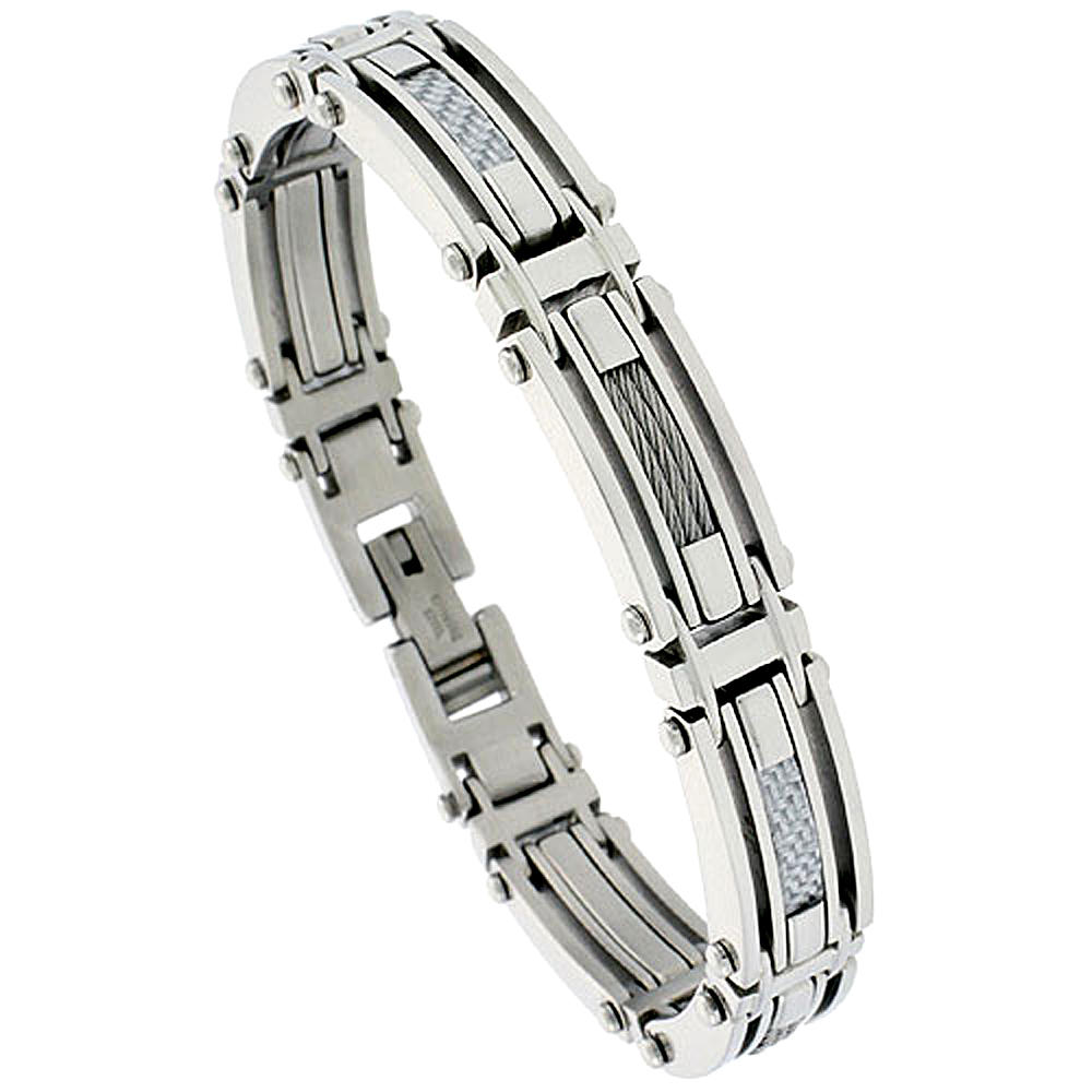 Sabrina Silver Stainless Steel Cable Bracelet For Men Gray Carbon Fiber , 1/2 inch wide,