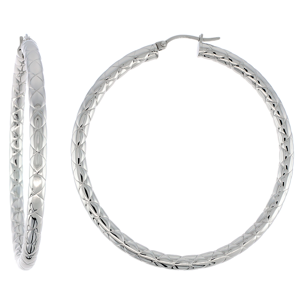 Sabrina Silver Stainless Steel Hoop Earrings 2 1/4 inch Round 4 mm wide Zigzag Pattern Light Weightt