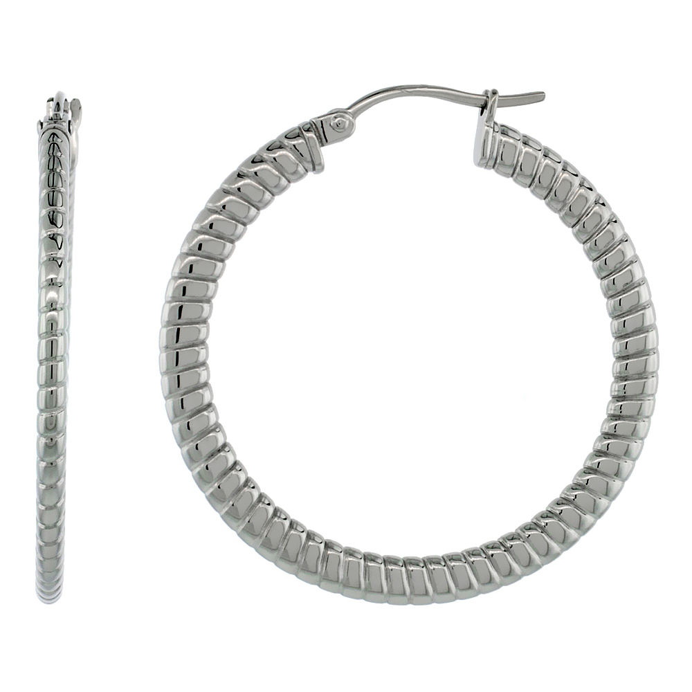 Sabrina Silver Stainless Steel Hoop Earrings 1 1/2 inch 4 mm Flat Tube Spiral Pattern Light Weight