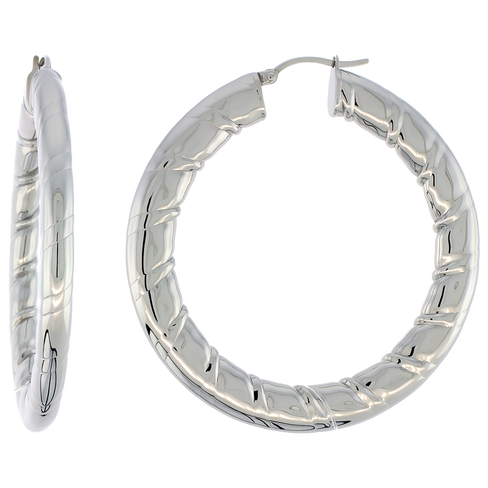 Sabrina Silver Stainless Steel Flat Hoop Earrings 2 inch Round 4 mm wide Candy Stripe Pattern Light Weightt