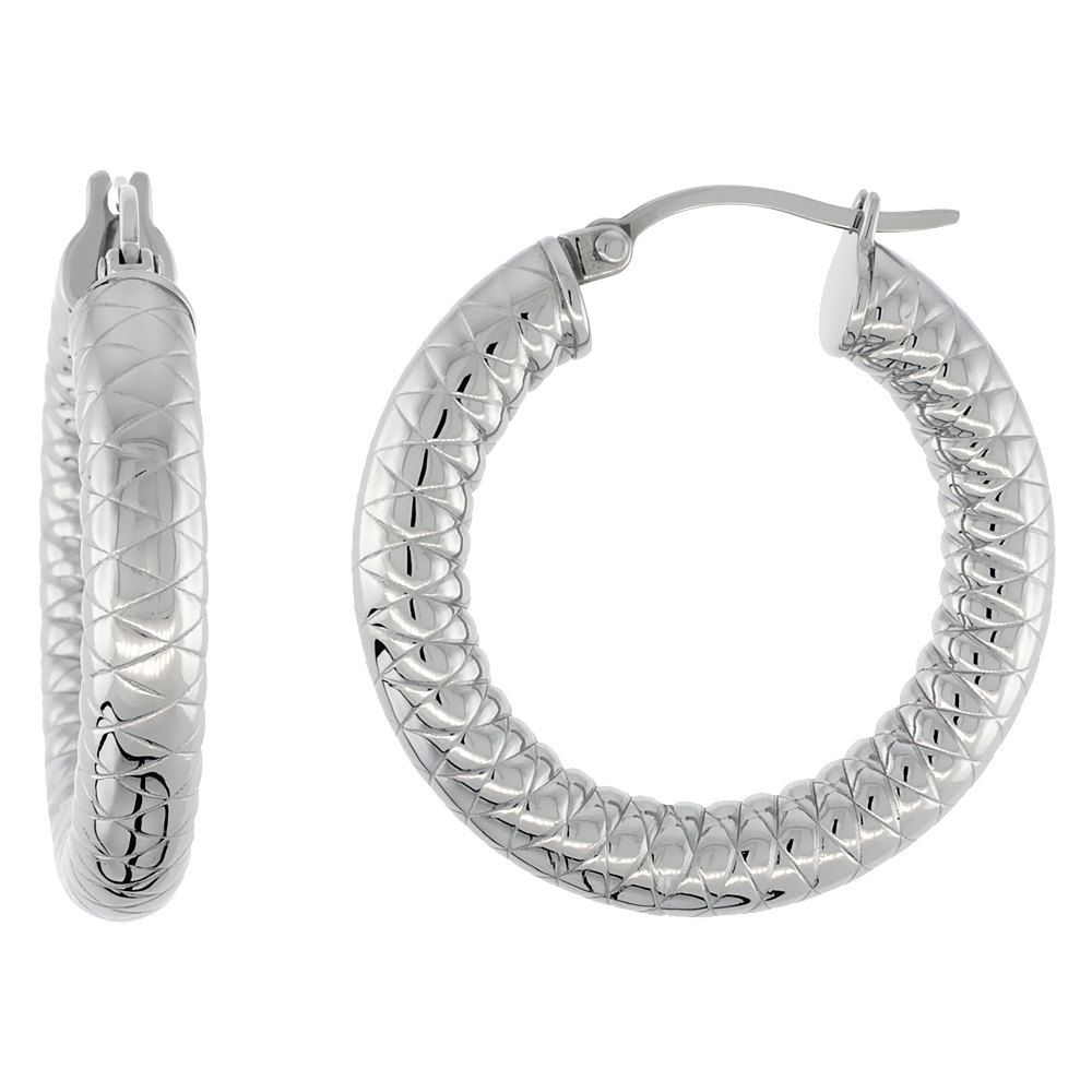 Sabrina Silver Stainless Steel Hoop Earrings 1 /4 inch Round 5 mm Thick Tight Zigzag Pattern Light Weightt
