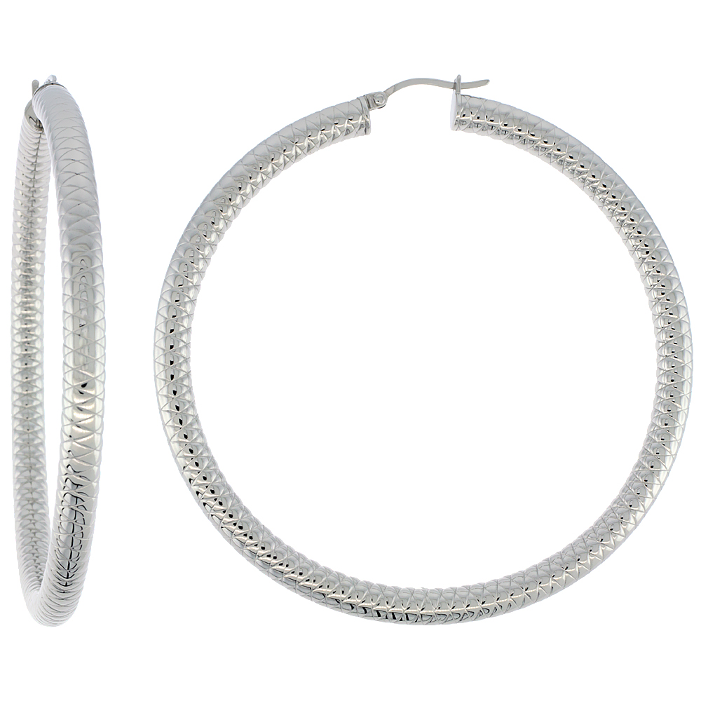 3 Inch Hoop Earrings Sabrina Silver Stainless Steel Hoop Earrings 3 Inch 5 Mm Round Thick Zigzag Pattern