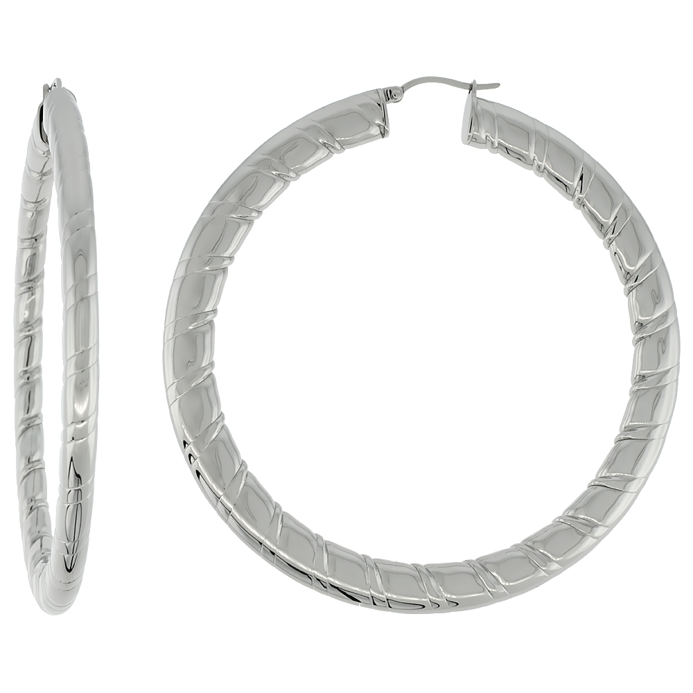 Fashion Jewelry On Sears Sabrina Silver Stainless Steel Flat Hoop Earrings 3 Inch Round 4 Mm Wide Candy Stripe Pattern