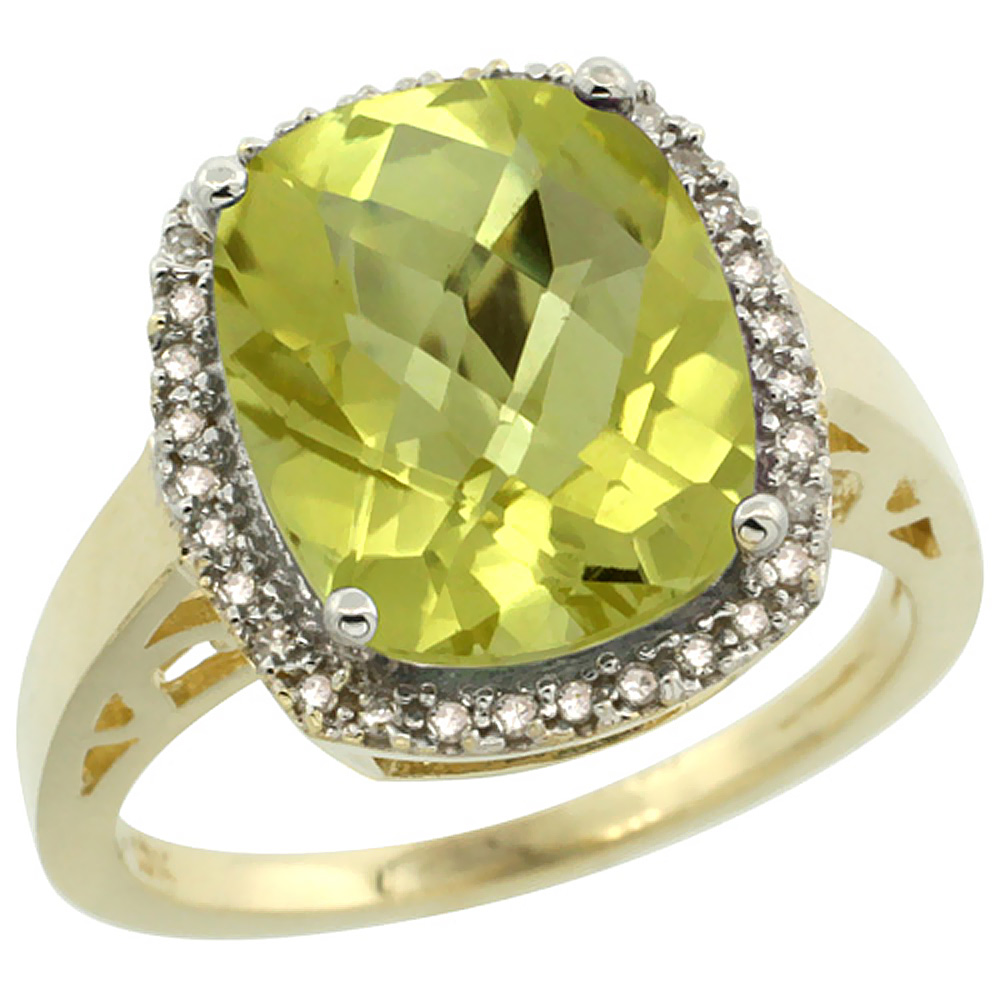 Sabrina Silver 10K Yellow Gold Diamond Natural Lemon Quartz Ring Cushion-cut 12x10mm, size 5-10