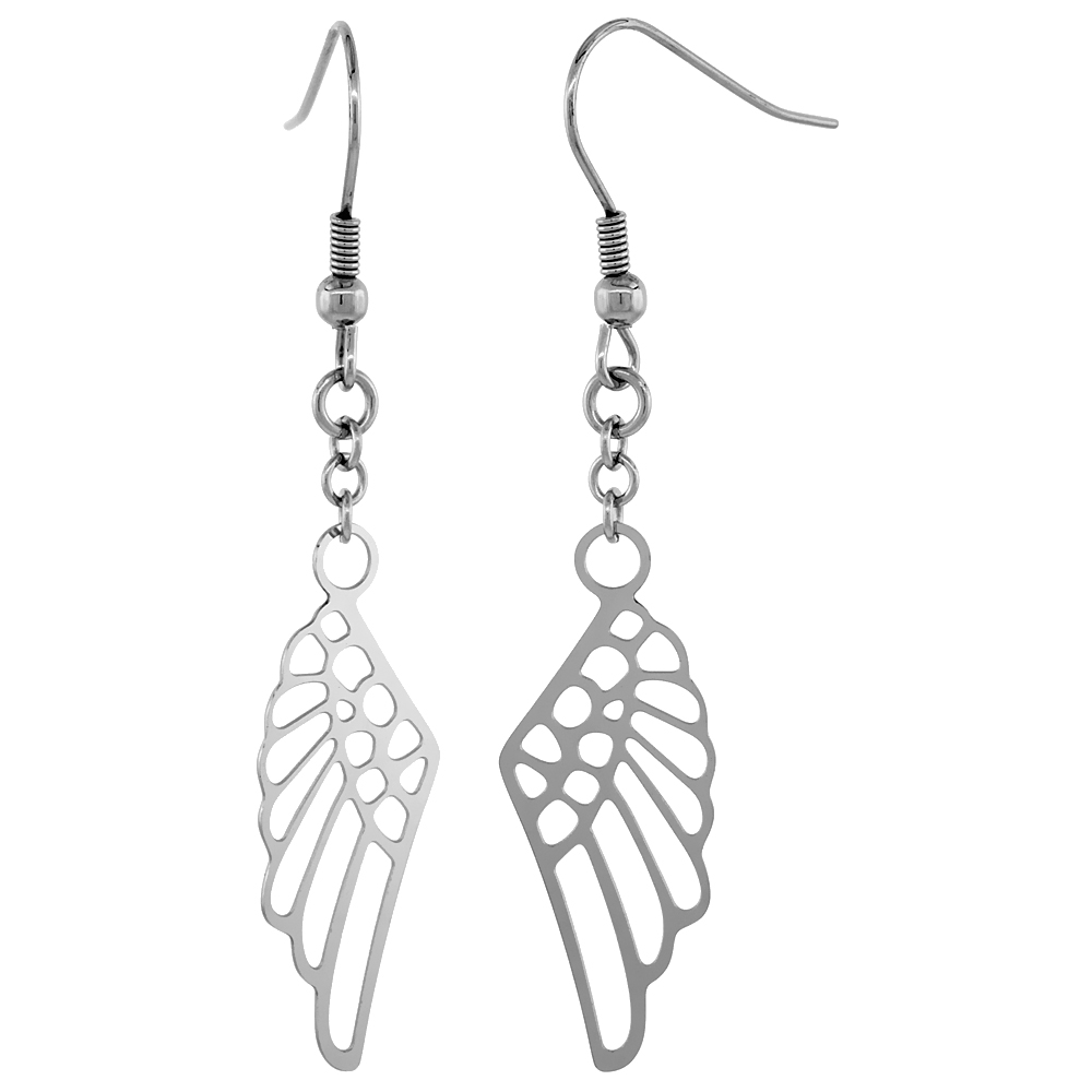 Sabrina Silver Stainless Steel Angel Wings Dangle Earrings 2 1/4 inch long