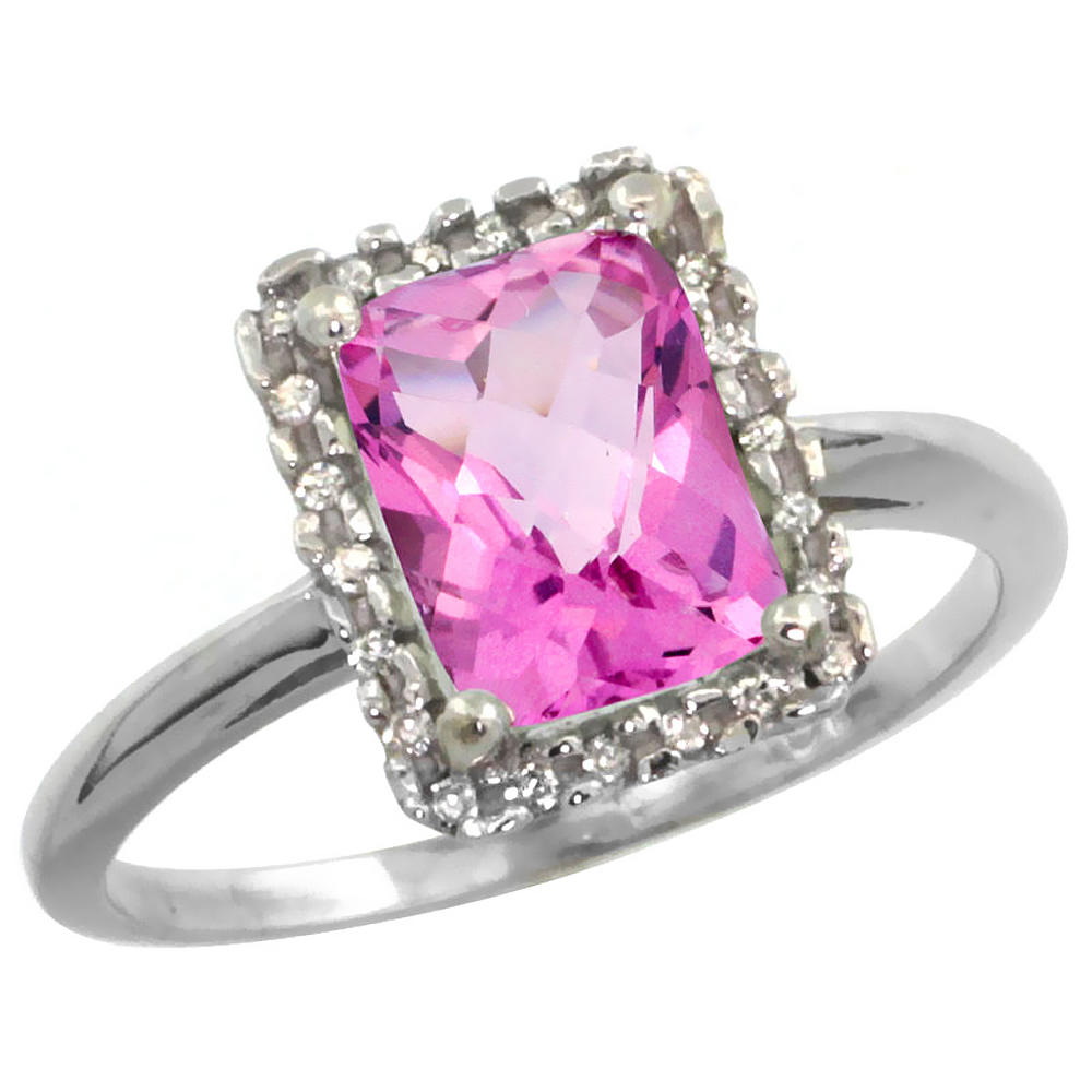 Sabrina Silver 10K White Gold Diamond Natural Pink Topaz Ring Emerald-cut 8x6mm, sizes 5-10