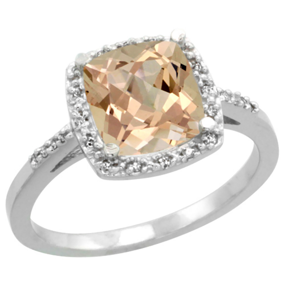 Sabrina Silver 10K White Gold Diamond Natural Morganite Ring Cushion-cut 8x8 mm, sizes 5-10