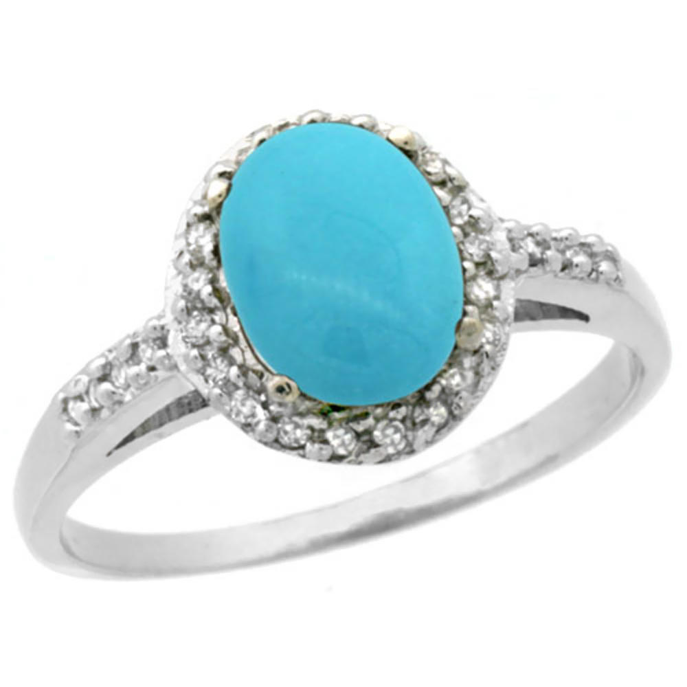 Sabrina Silver 10K White Gold Natural Diamond Sleeping Beauty Turquoise Ring Oval 8x6mm, sizes 5-10