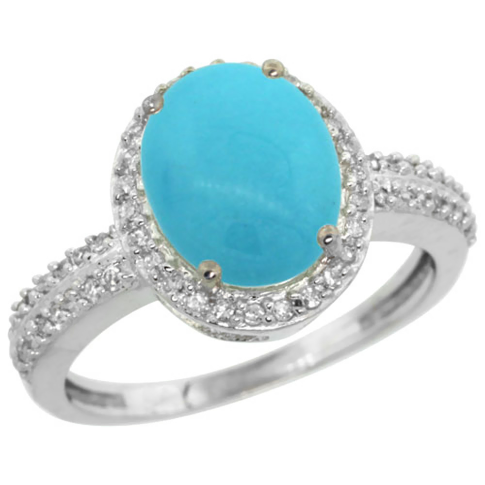 Sabrina Silver 10K White Gold Natural Diamond Sleeping Beauty Turquoise Engagement Ring Oval 10x8mm, sizes 5-10