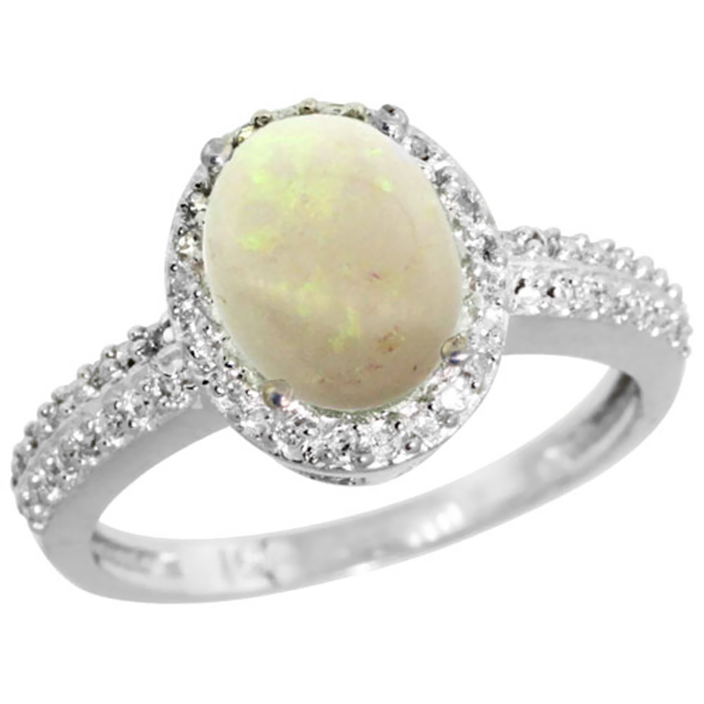 Sabrina Silver 10K White Gold Diamond Natural Opal Ring Oval 9x7mm, sizes 5-10