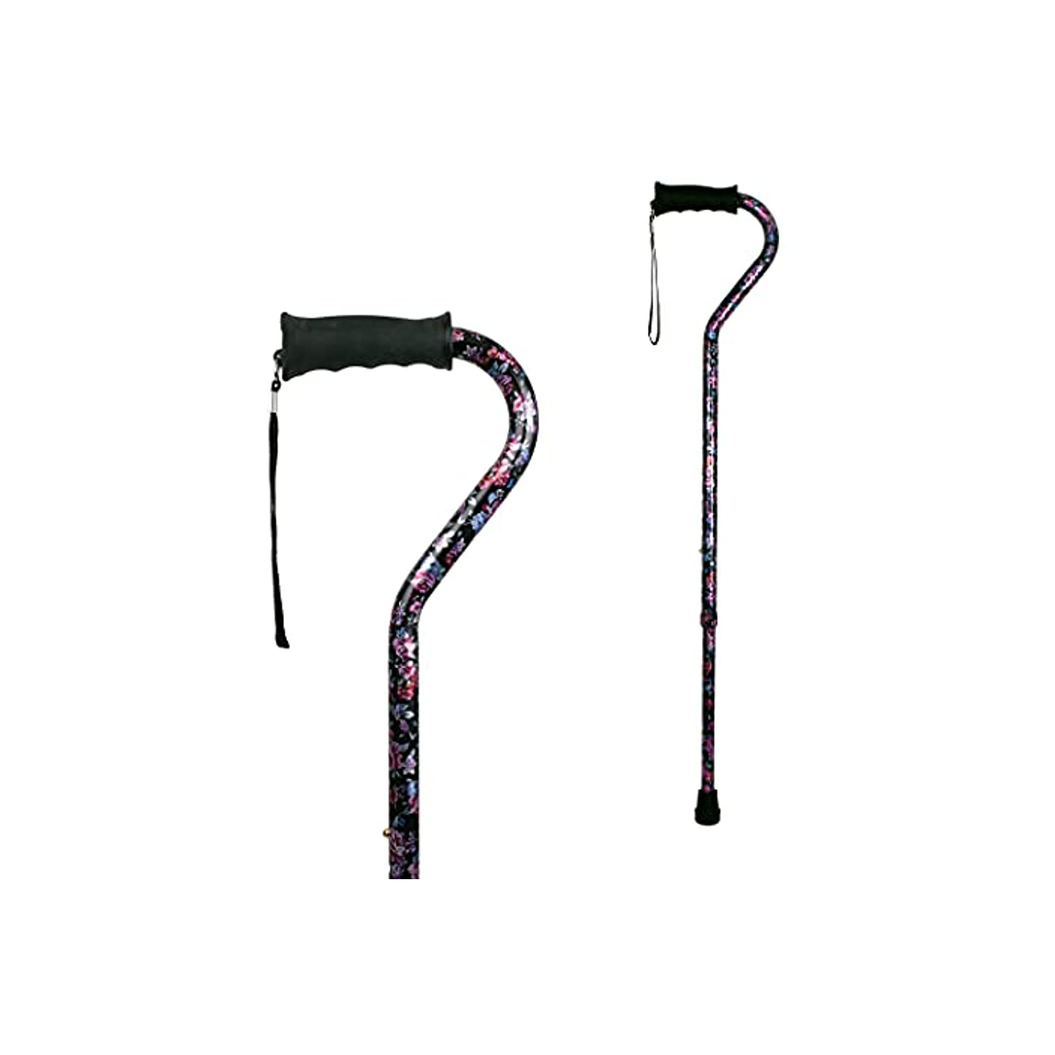 CAREX Ergo Offset Adjustable Cane with Soft Cushioned Handle Women - Black  with Floral Pattern