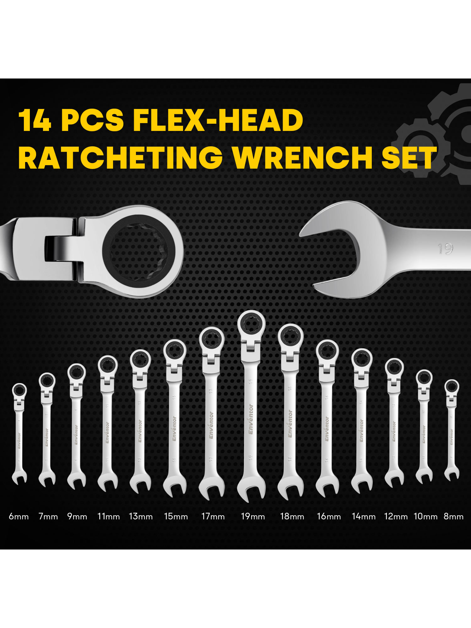 ENVENTOR Flex Head Ratcheting Wrench Set, 14 Pieces Metric 6-19mm, CRV Steel,12-Point Combination Ratchet Wrenches Set