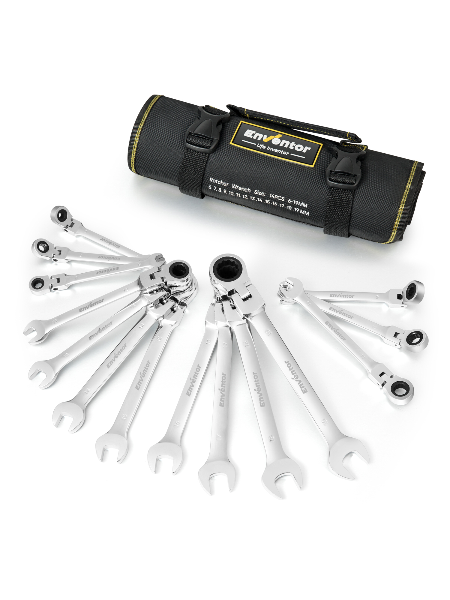 ENVENTOR Flex Head Ratcheting Wrench Set, 14 Pieces Metric 6-19mm, CRV Steel,12-Point Combination Ratchet Wrenches Set