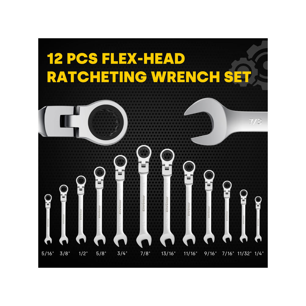 Enventor Flex-Head Ratcheting Combination Reach Wrench Sets - 12 Pieces, CR-V Steel, 72-Teeth, with Carrying Bag Organizer