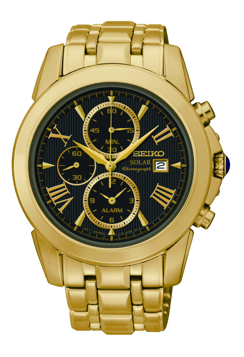 Seiko Solar Chronograph Black Dial Gold-tone Stainelss Steel Mens Watch SSC196