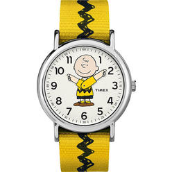 Timex TW2R41100JT Unisex Weekender x Peanuts Charlie Nylon Slip-Thru Strap Watch&#44; Brown