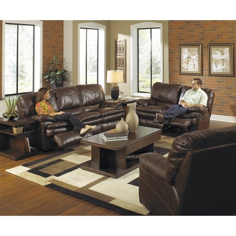 Catner Perez 3 Piece Reclining Leather Sofa Set In Chestnut