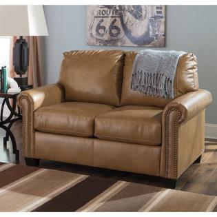 Ashley Lottie Leather Twin Sleeper Sofa In Almond