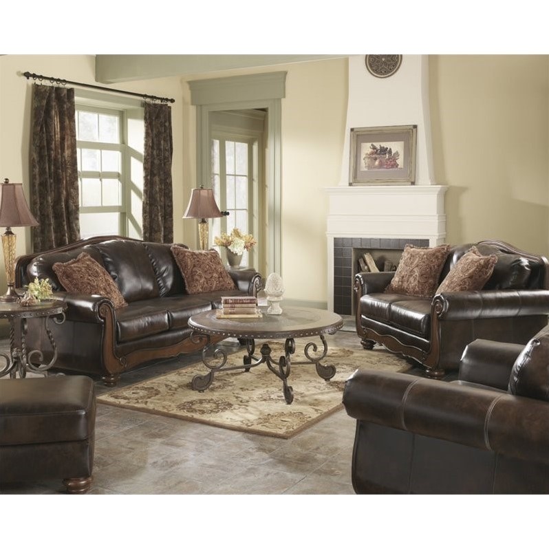 Ashley Barcelona 4 Piece Faux Leather Sofa Set In Antique