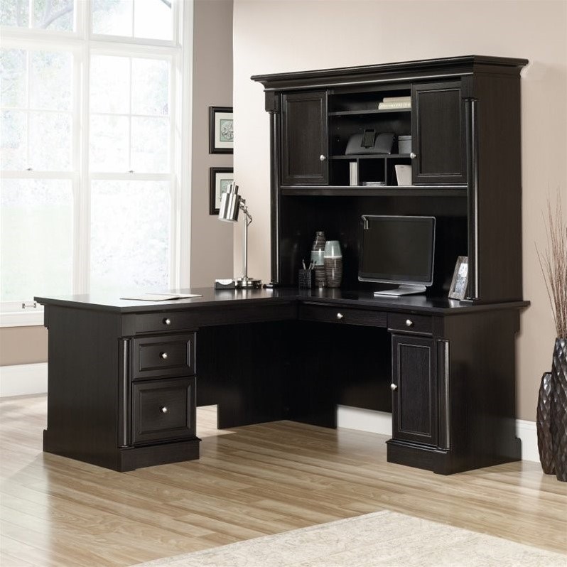 Sauder Avenue Eight L Shaped Desk With Hutch And Credenza In Wind Oak Sauder Avenue Eight L Shaped Desk With
