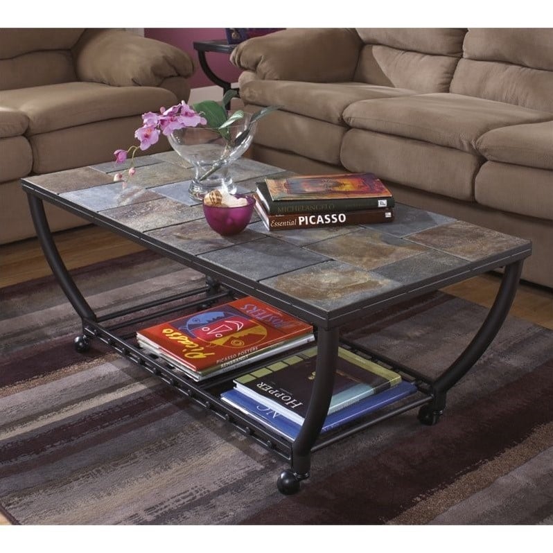 Ashley Antigo Slate Tile Rectangular Coffee Table And Casters In Black