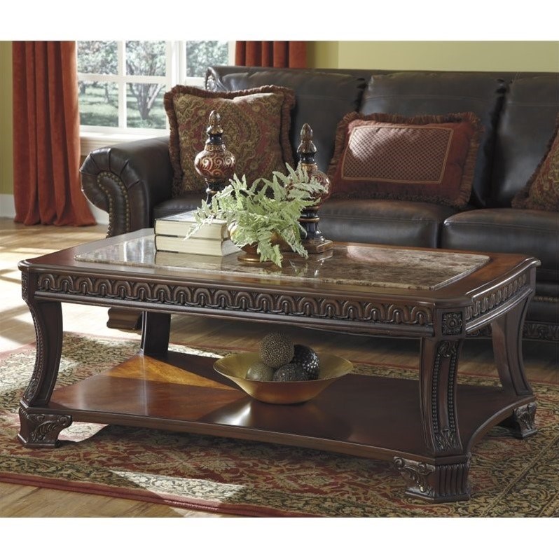 Ashley Ledelle Faux Marble Rectangular Coffee Table In Brown