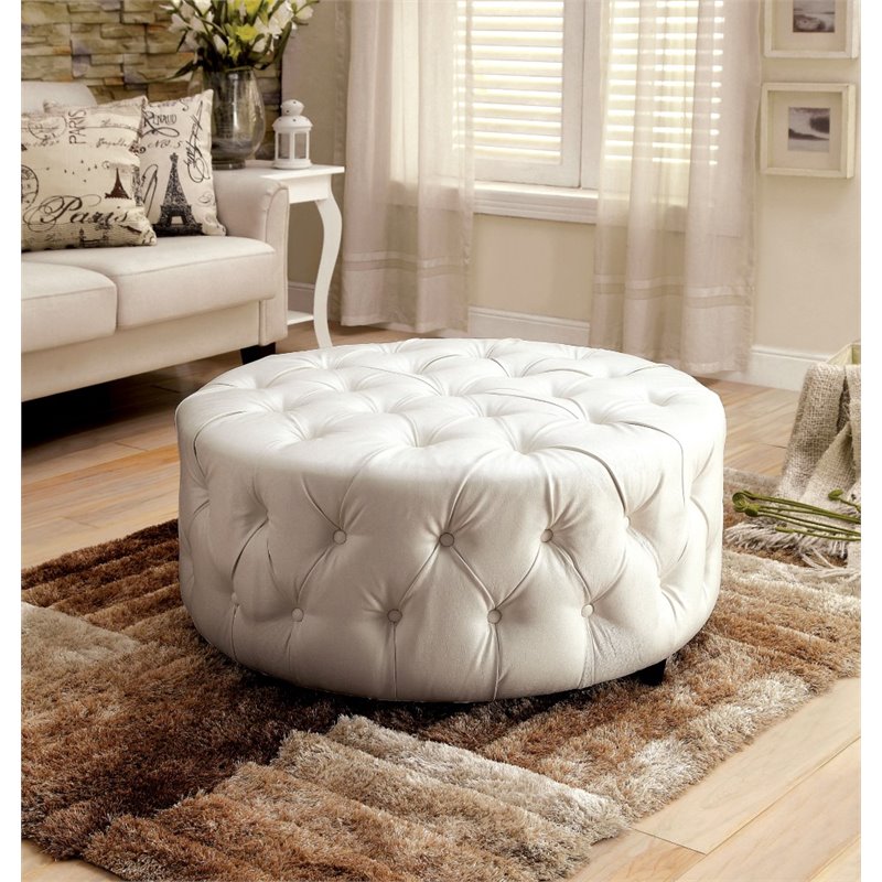 Furniture Of America Aviles Round Tufted Leather Ottoman In White