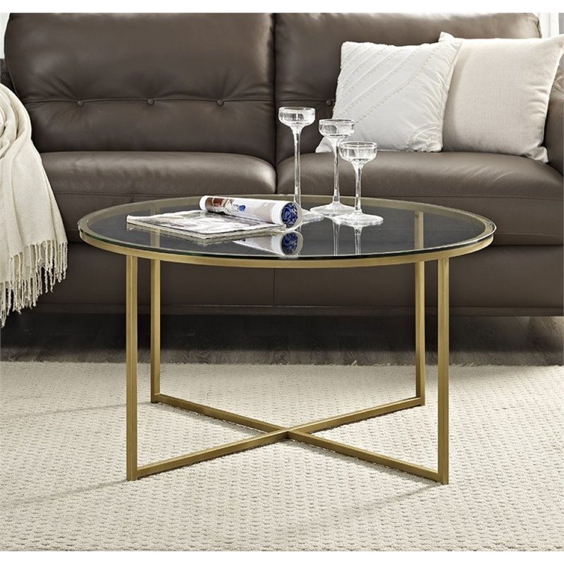 Walker Edison 36 Round Glass Top Coffee Table With Gold Base