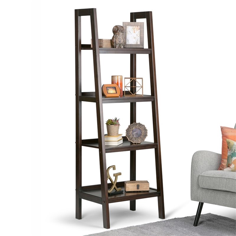 Simpli Home Sawhorse 4 Shelf Ladder Bookcase In Dark Chestnut Brown