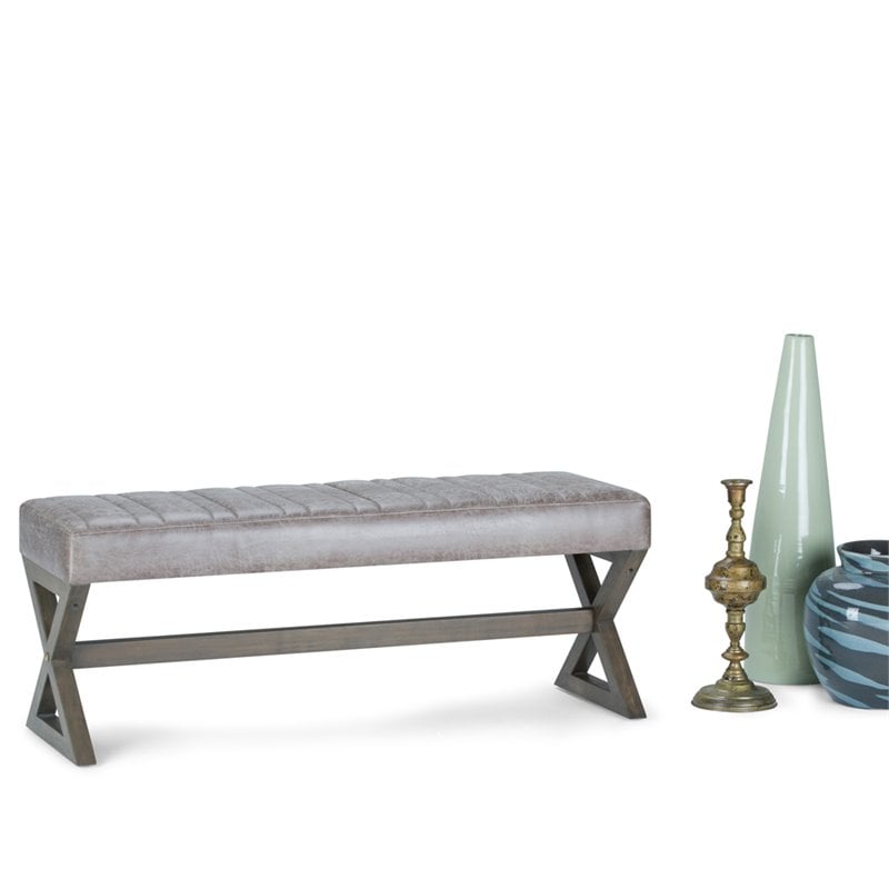 Simpli Home Salinger Faux Leather Bench In Distressed Gray Taupe