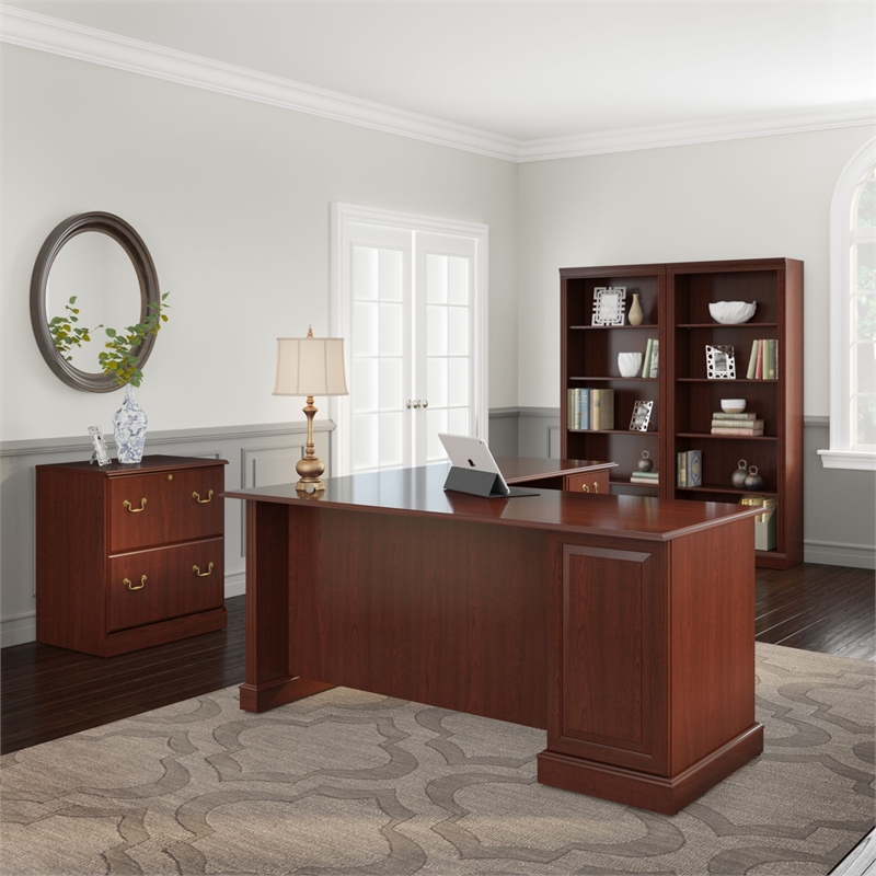 Bush Saratoga L Shaped Desk With File Cabinet And Two Bookcases In