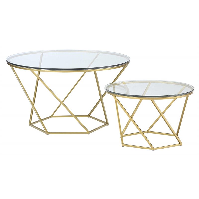Pemberly Row Round Glass Top Coffee Table Set In Gold