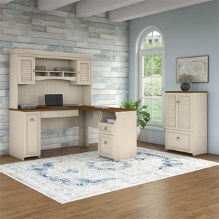 Bush Fairview L Shaped Desk With Hutch And Cabinet In Antique White