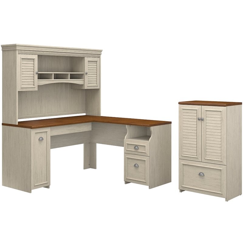 L Shaped Desk With Credenza Bush Fairview L Shaped Desk With Hutch And Cabinet In Antique White